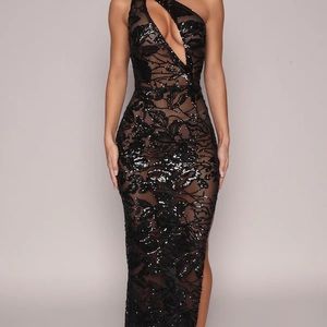 Moda Glam GODDESS CUTOUT SHEER SEQUIN GOWN- BLACK
